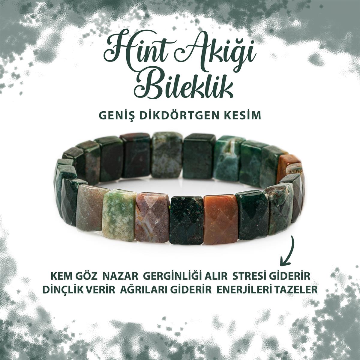 SERTİFİKALI Hint Akiği Doğal Taş Kare Kesim Geniş Kesim Bileklik