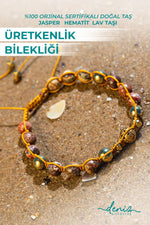Sertifikalı Doğal Taşlı Üretkenlik Bilekliği, Jasper, Lav Taşı, Hematit