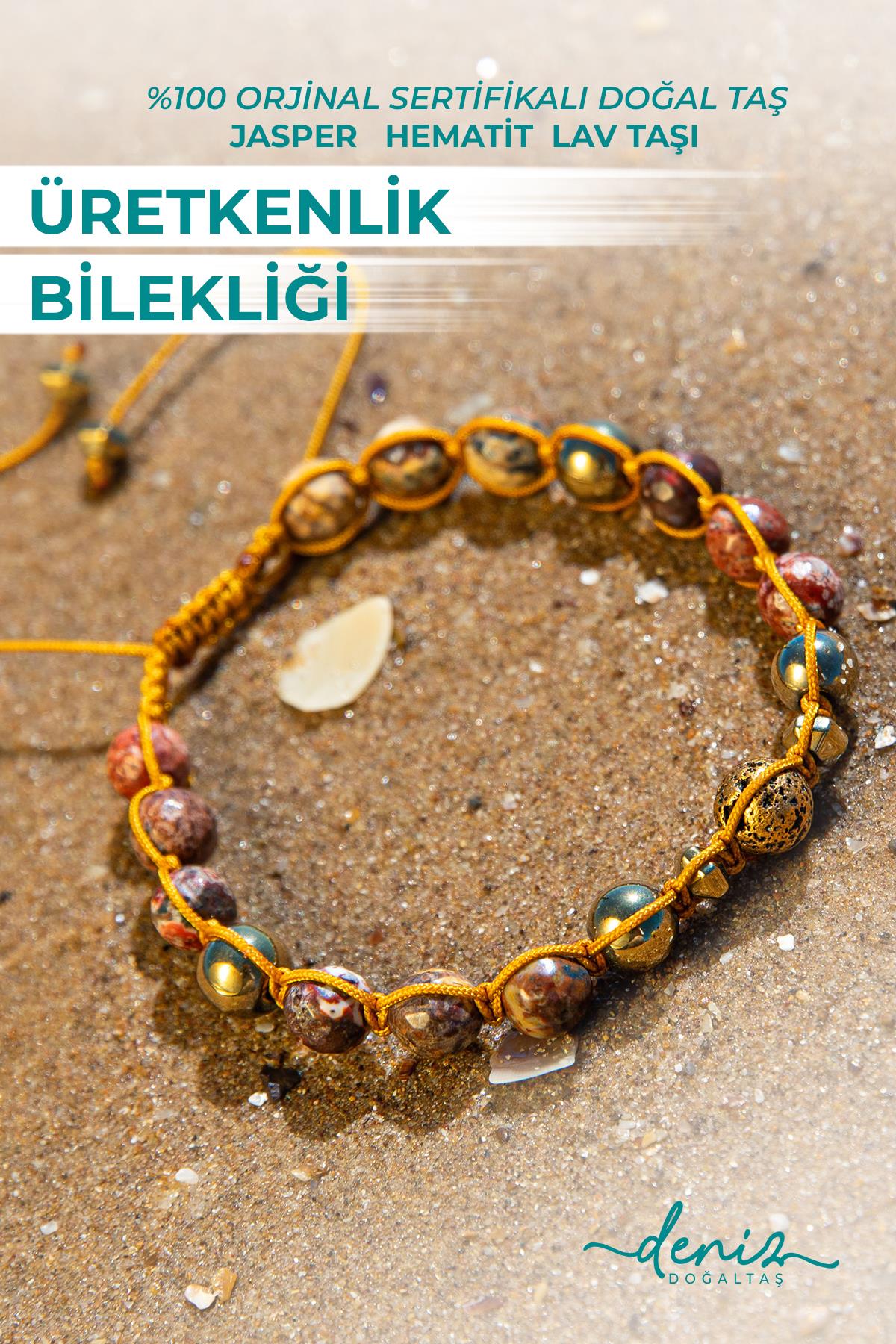 Sertifikalı Doğal Taşlı Üretkenlik Bilekliği, Jasper, Lav Taşı, Hematit