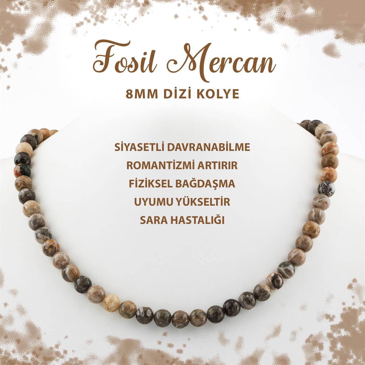 SERTİFİKALI Fosil Mercan 8 mm Dizi Doğal Taş Kolye