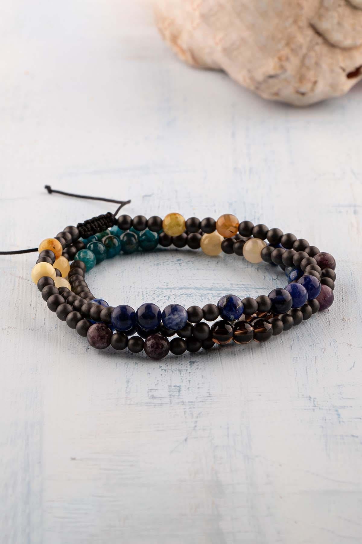 Sertifikalı Yay Burcu Doğal Taş Kolye (Sarı Opal-Ametist-Lazuli-Apatit-Kalsit-Dumorerit-Hematit)