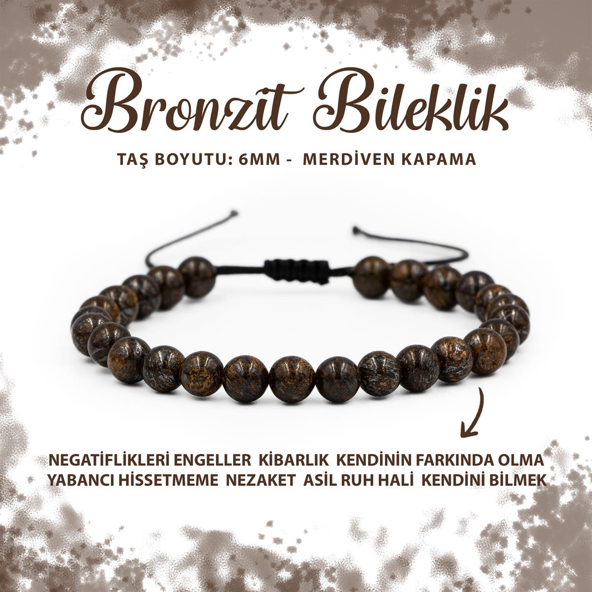 SERTİFİKALI Bronzit 6mm Merdiven Kapama Doğal Taş Bileklik