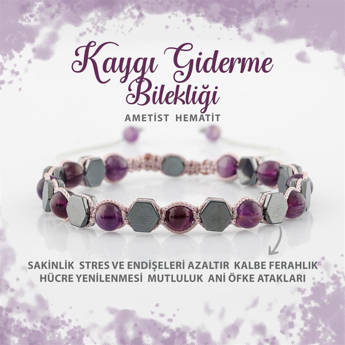 SERTİFİKALI Kaygı Giderme Doğal Taş Bileklik Ametist Hematit 6mm B0014