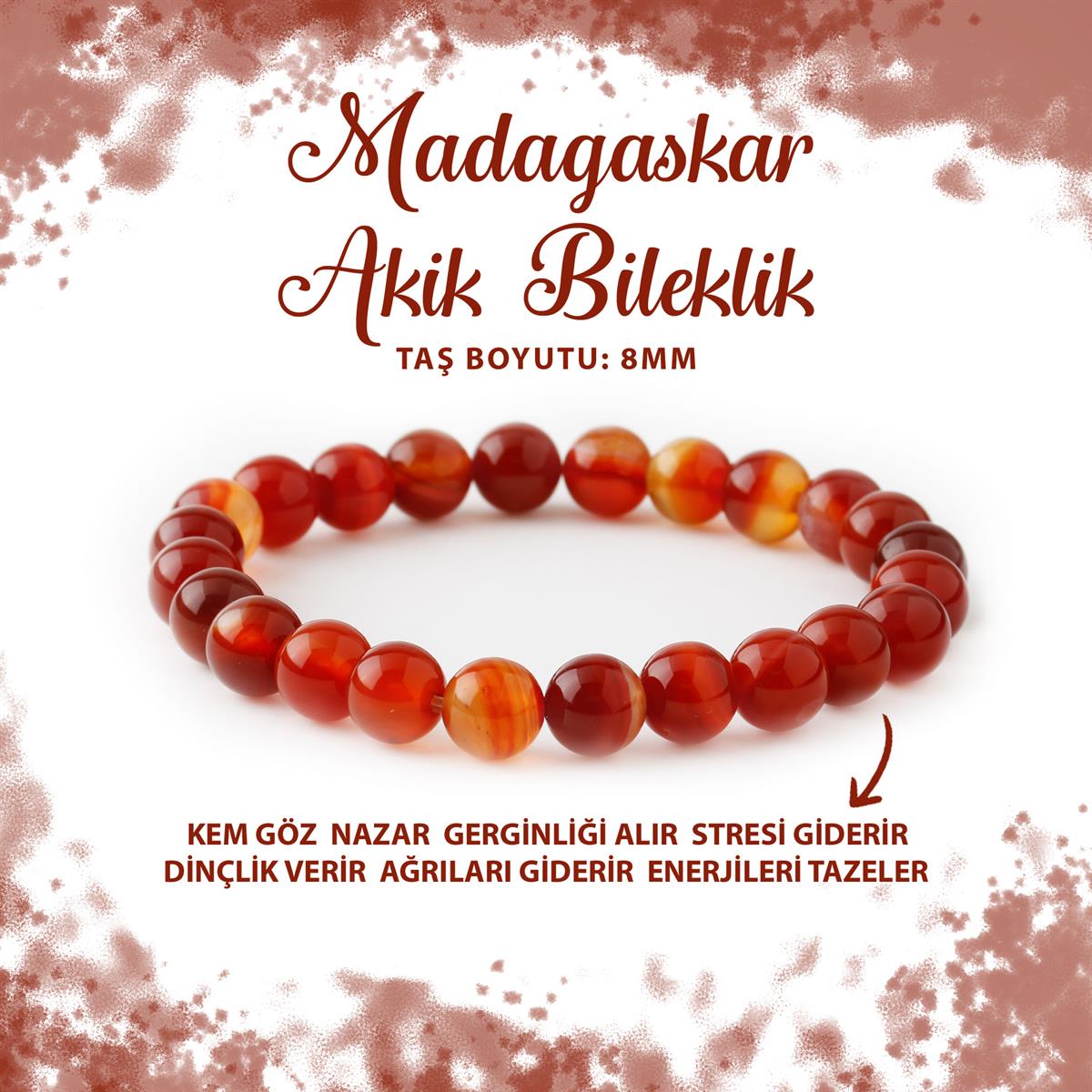 SERTİFİKALI Madagaskar Akiği 8mm Doğal Taş Bileklik
