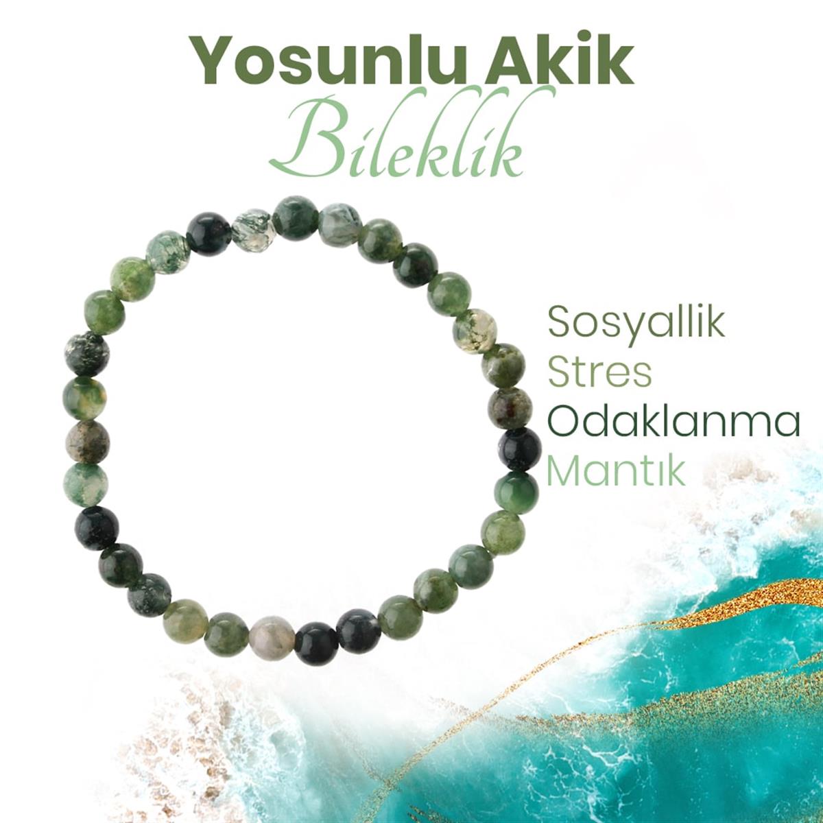 SERTİFİKALI Yosunlu Akik  Orjinal ( Taşlar) Doğaltaş Bileklik 6 mm, B1017
