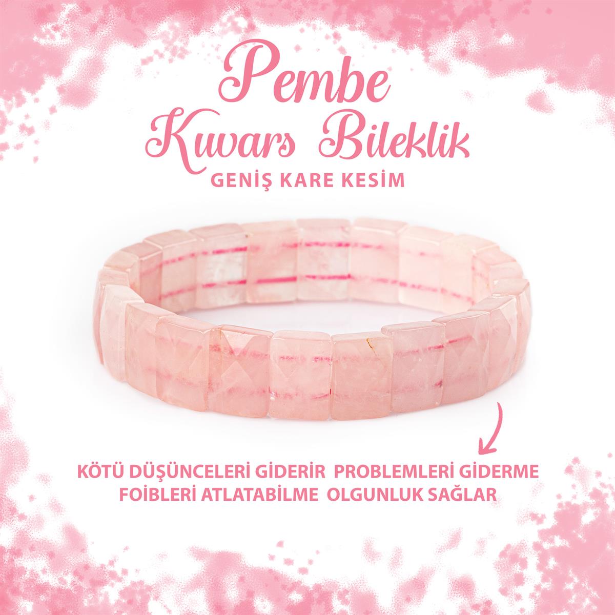SERTİFİKALI Pembe Kuvars (Gül Kuvars) Doğal Taş Kare Kesim Geniş Kesim Bileklik