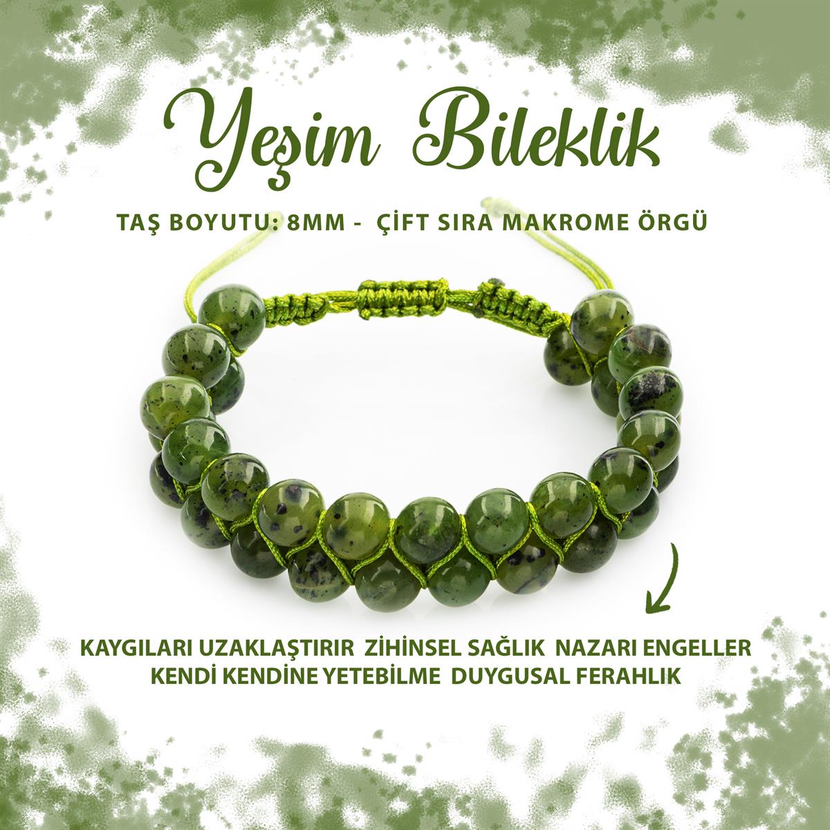 SERTİFİKALI Yeşim 8mm Çift Sıra Makrome Doğal Taş Bileklik