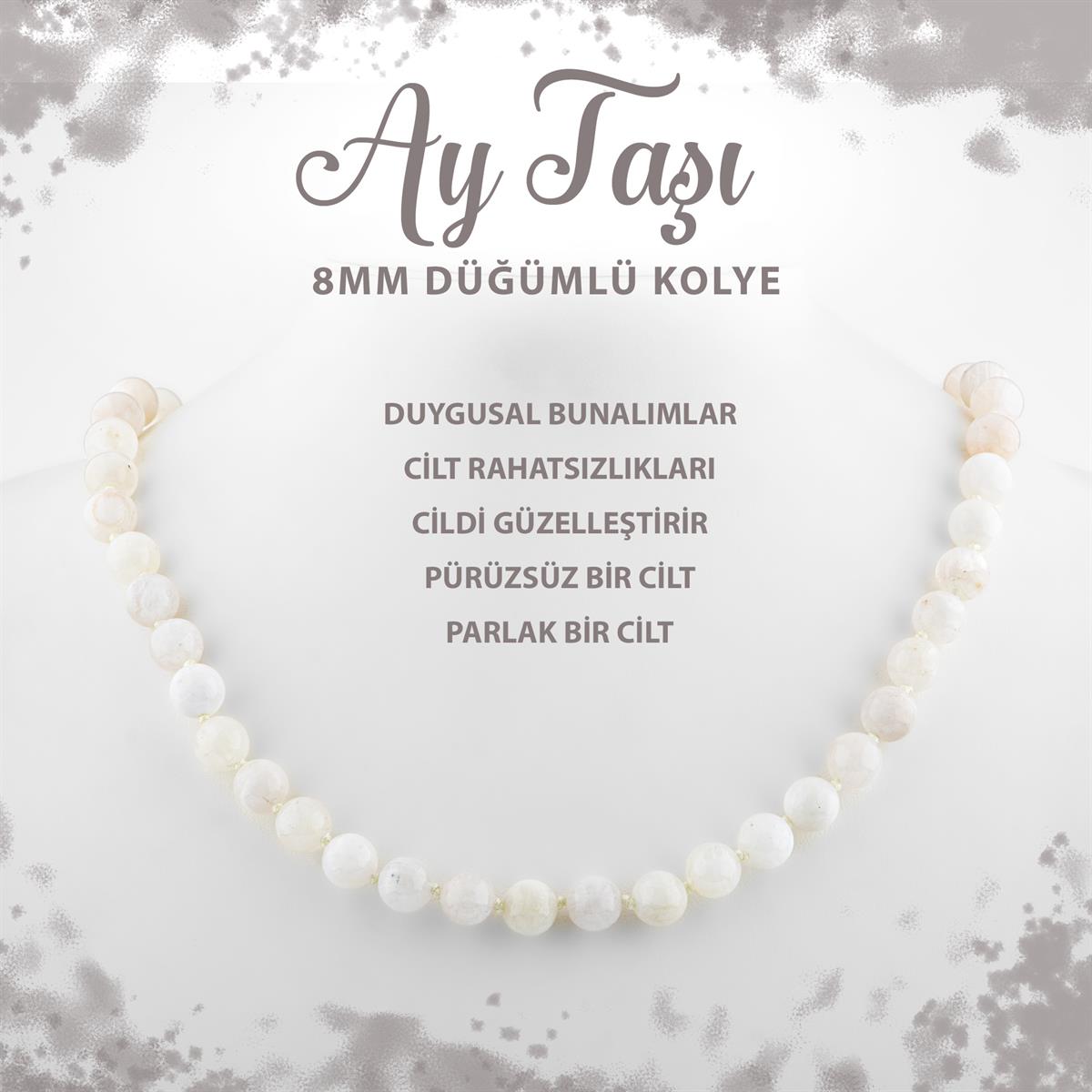 SERTİFİKALI Ay Taşı 8 mm Düğümlü Doğal Taş Kolye