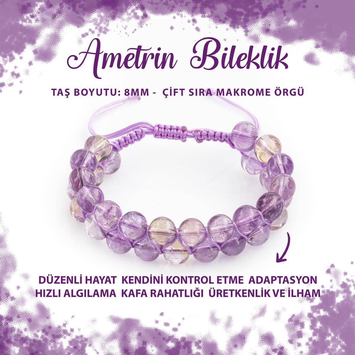 SERTİFİKALI Ametrin 8mm Çift Sıra Makrome Doğal Taş Bileklik