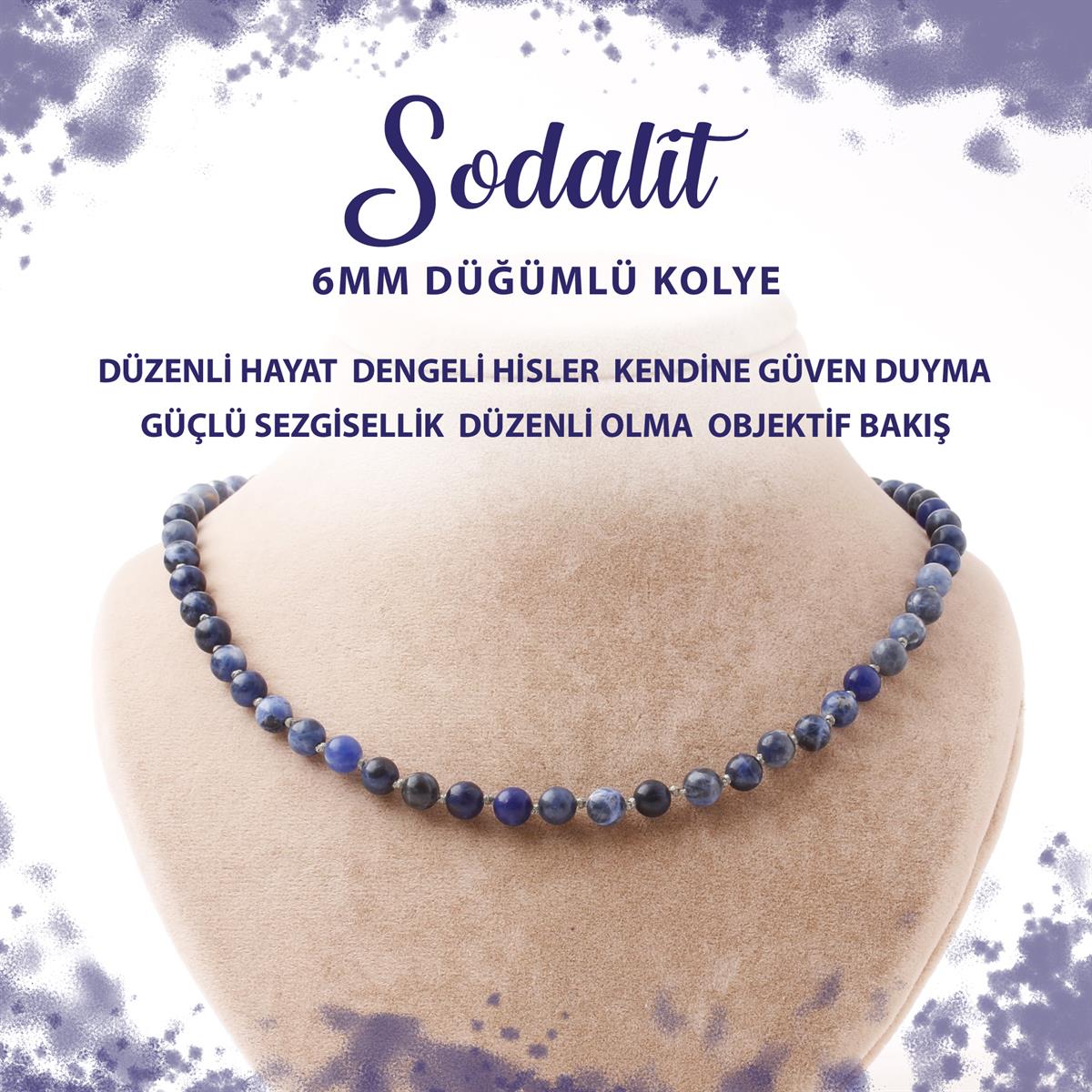 SERTİFİKALI Sodalit 6 mm Düğümlü Doğal Taş Kolye