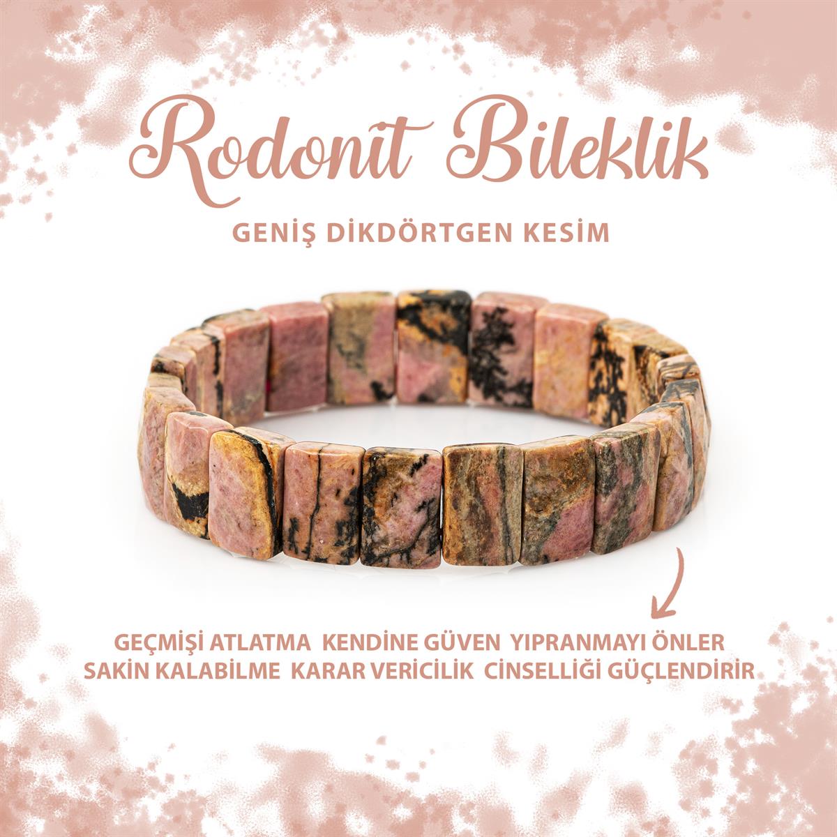 SERTİFİKALI Rodonit Doğal Taş Kare Kesim Geniş Kesim Bileklik