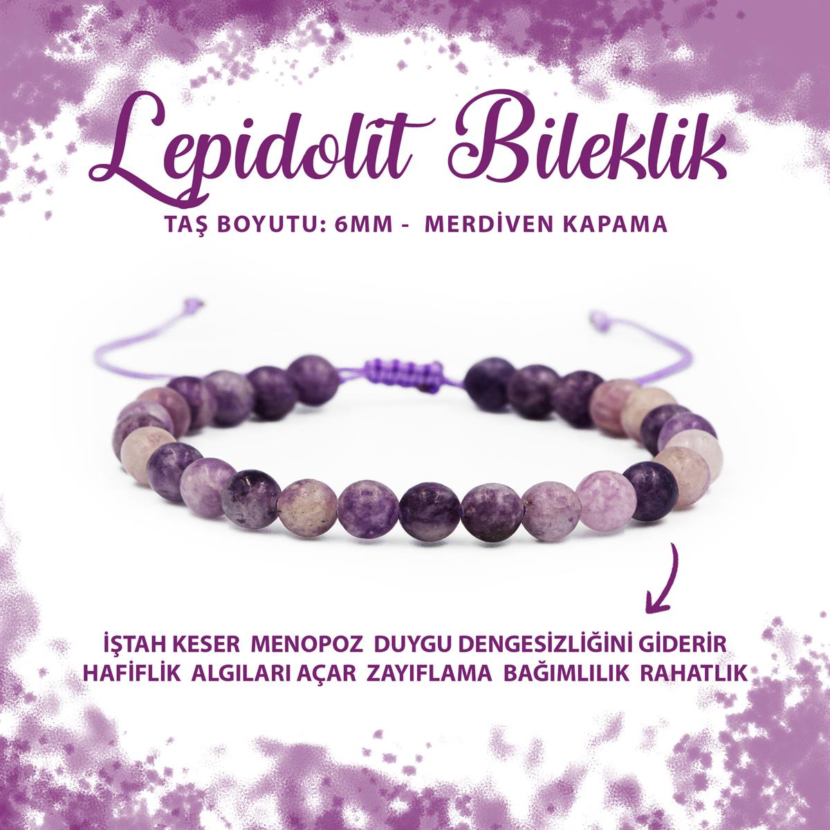 SERTİFİKALI Lepidolit 6mm Merdiven Kapama Doğal Taş Bileklik