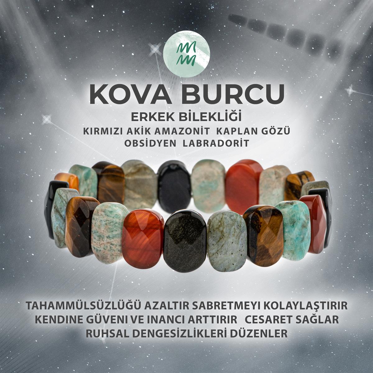 SERTİFİKALI Kova Burcu Doğal Taş Geniş Kesim Erkek Bileklik