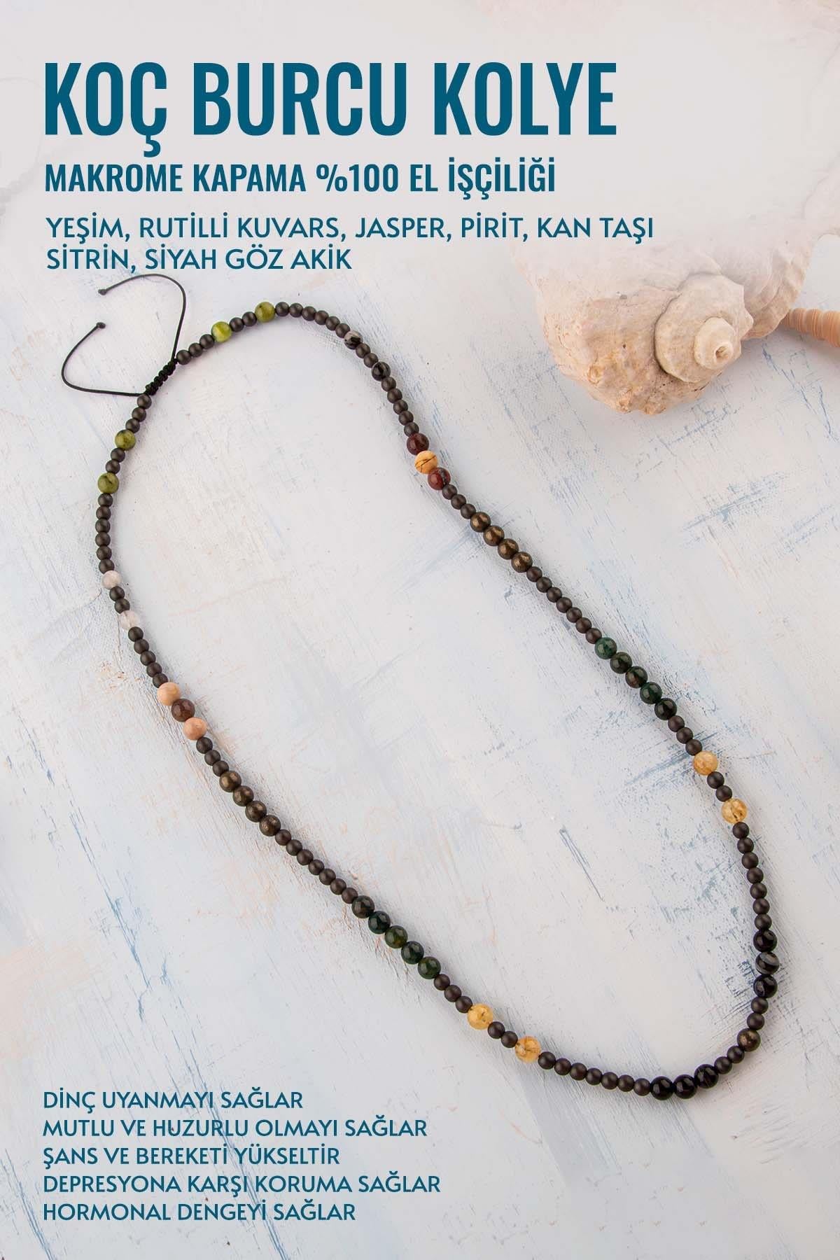 Sertifikalı Koç Burcu Doğal Taş Kolye (Yeşim-Rutilli Kuvars-Jasper-Pirit-Kan Taşı-Sitrin-Akik)