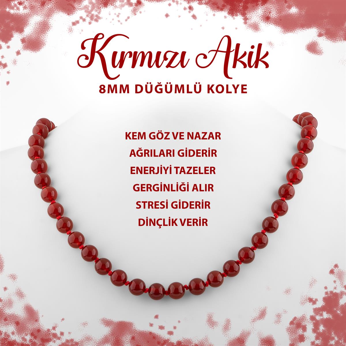 SERTİFİKALI Kırmızı Akik 8 mm Düğümlü Doğal Taş Kolye