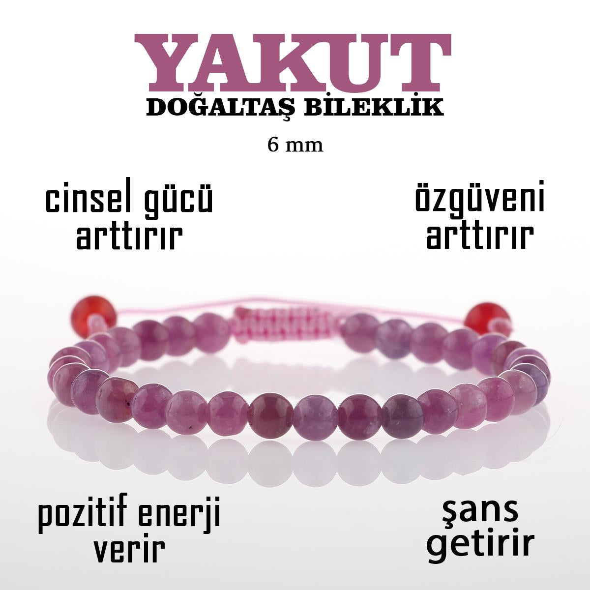 SERTİFİKALI Yakut  Orjinal ( Taşlar) Doğaltaş Bileklik 6 mm B911