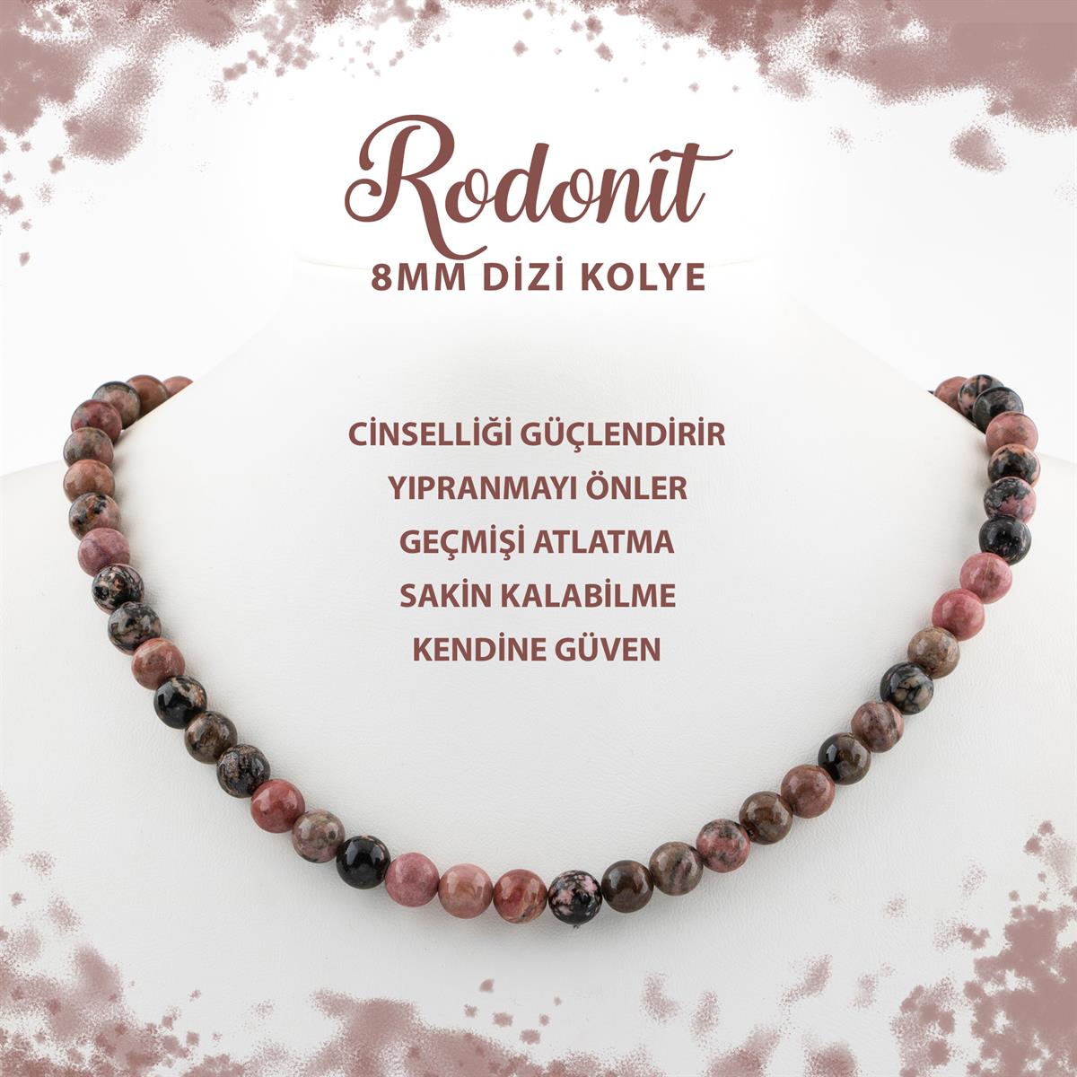 SERTİFİKALI Rodonit 8 mm Dizi Doğal Taş Kolye