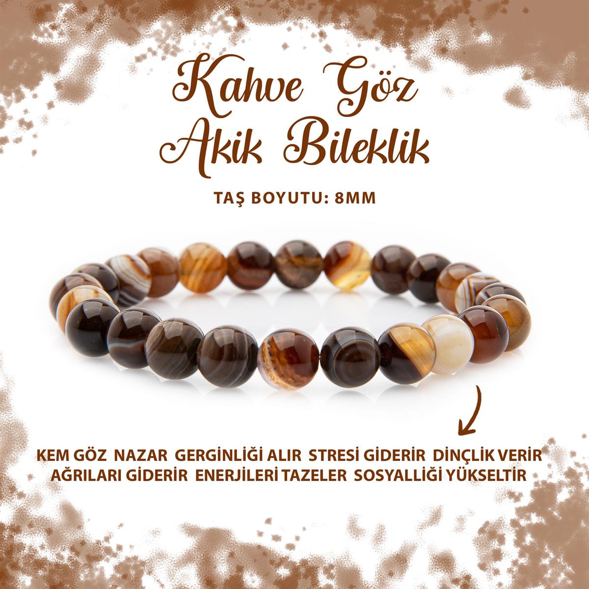 SERTİFİKALI Kahve Göz Akik 8mm Doğal Taş Bileklik