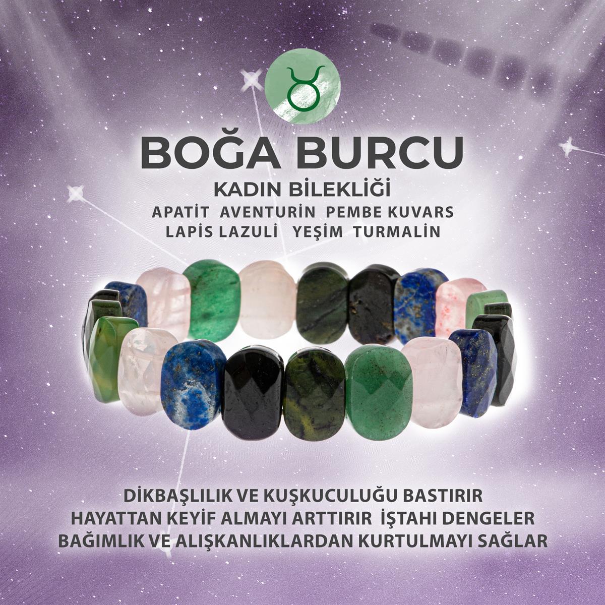 SERTİFİKALI Boğa Burcu Doğal Taş Geniş Kesim Kadın Bileklik