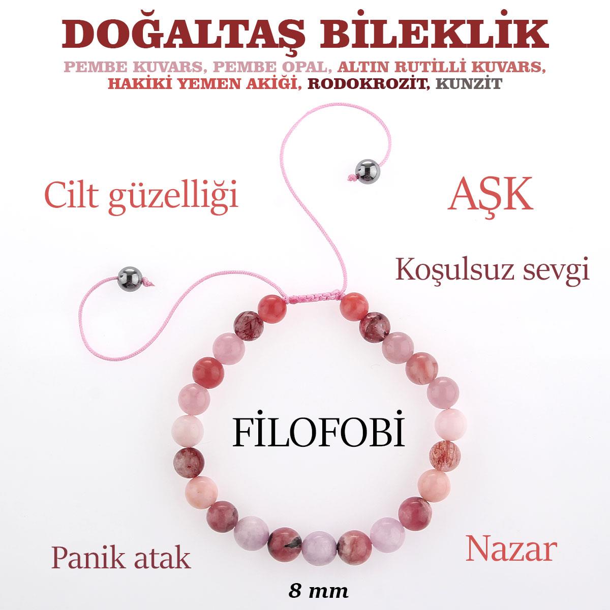 Pembe Kuvars, Pembe Opal, Altın Rutilli Kuvars, Hakiki Yemen Akiği, Rodokrozit, Kunzit Bileklik B905