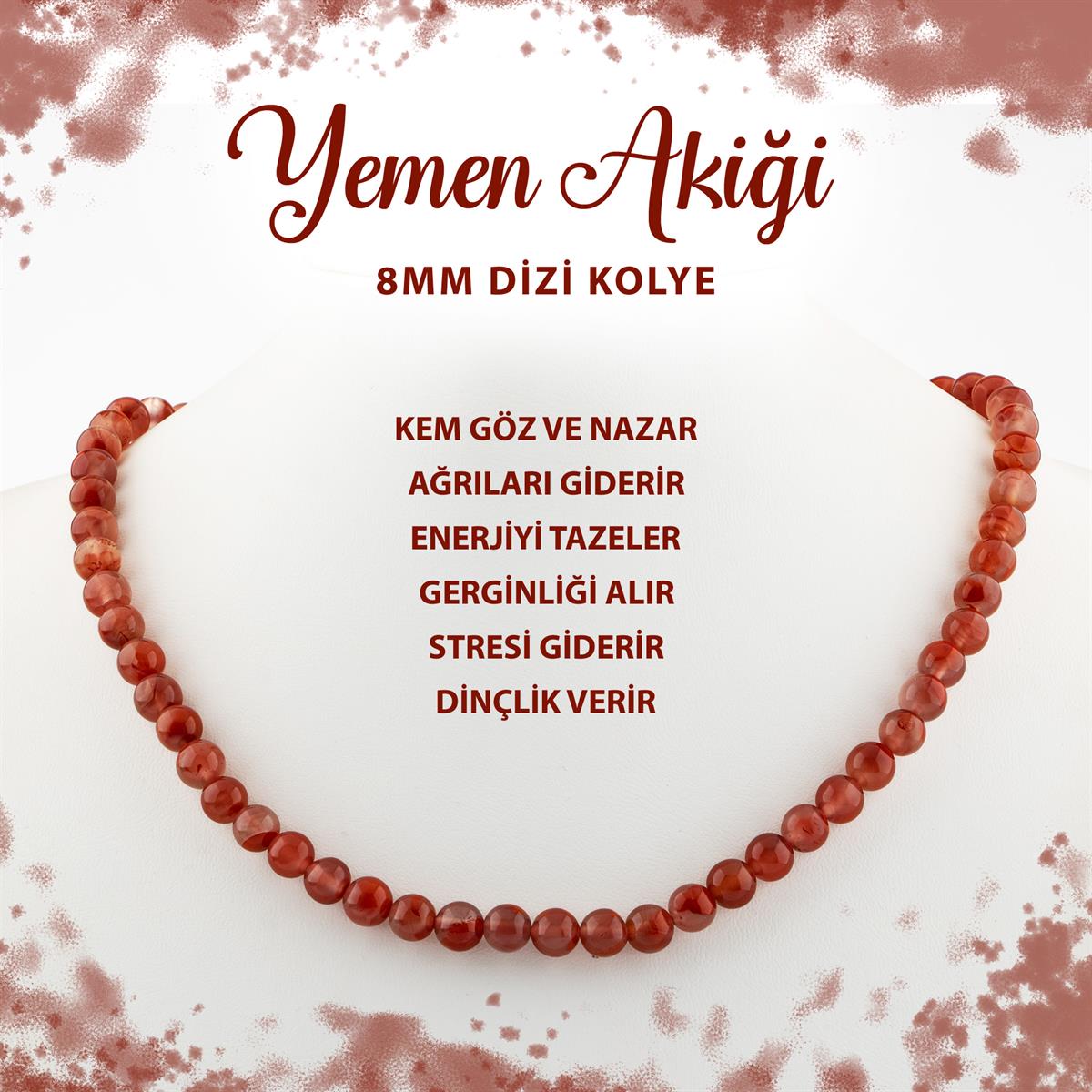 SERTİFİKALI Yemen Akiği 8 mm Dizi Doğal Taş Kolye
