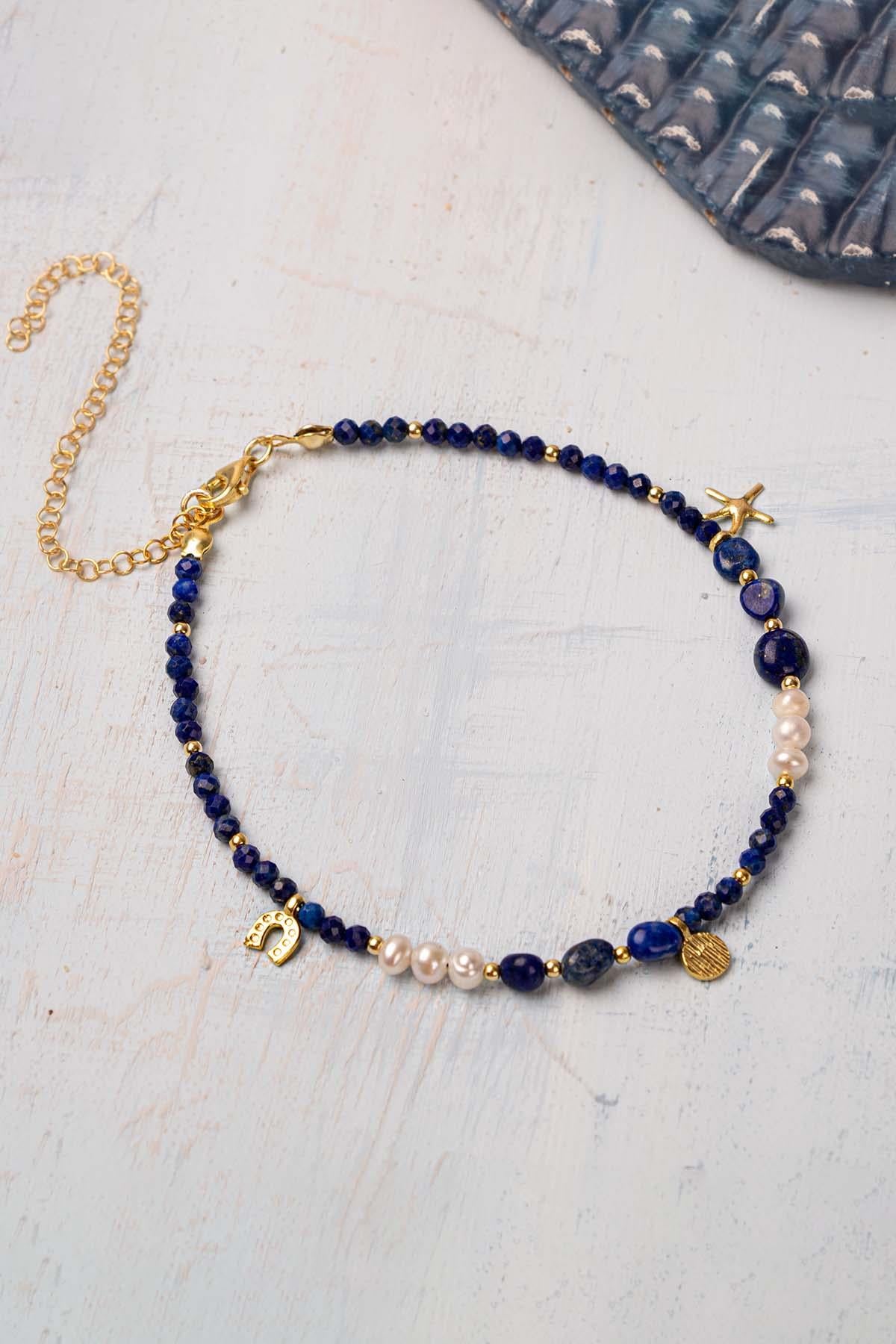 Sertifikalı Doğal Taş Lapis Lazuli - İnci 925 Ayar Şans Halhalı
