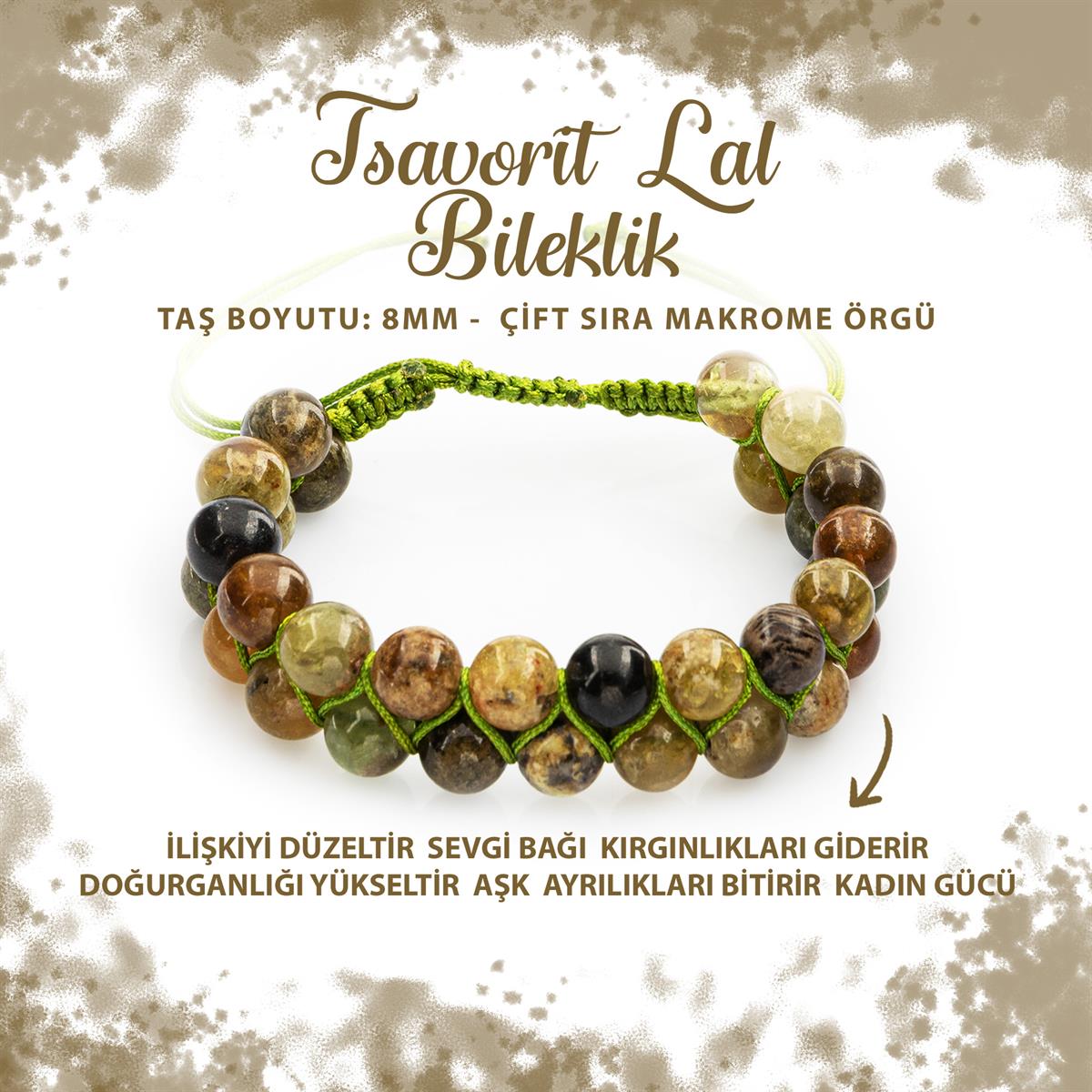 SERTİFİKALI Tsavorit Lal 8mm Çift Sıra Makrome Doğal Taş Bileklik