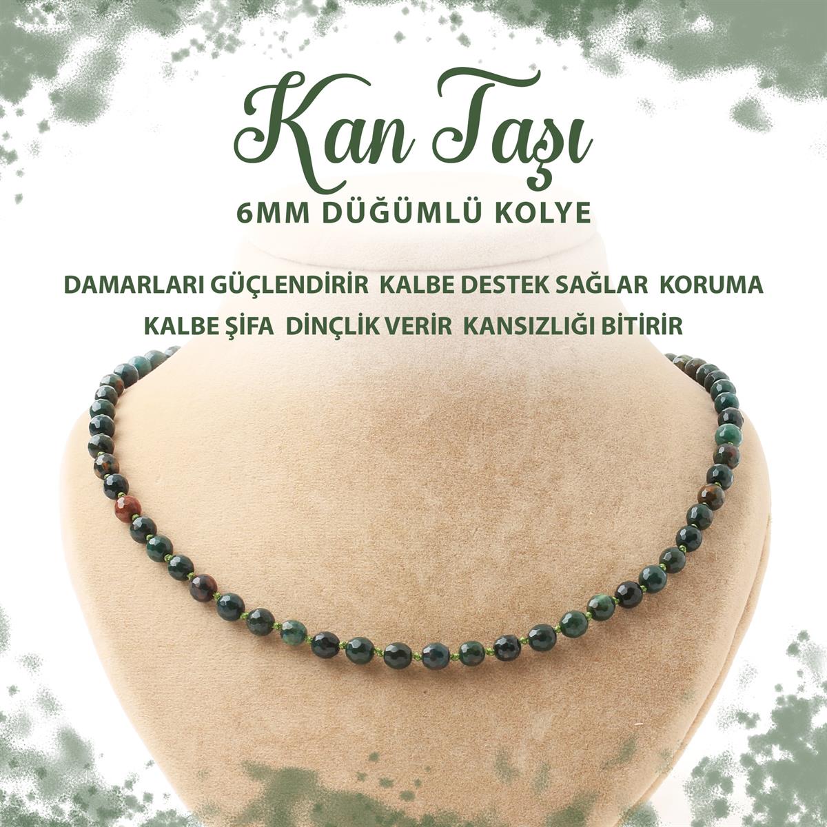 SERTİFİKALI Kan Taşı 6 mm Düğümlü Doğal Taş Kolye