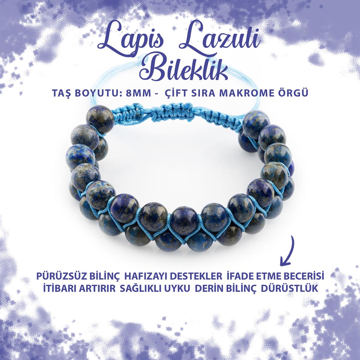 SERTİFİKALI Lapis Lazuli 8mm Çift Sıra Makrome Doğal Taş Bileklik