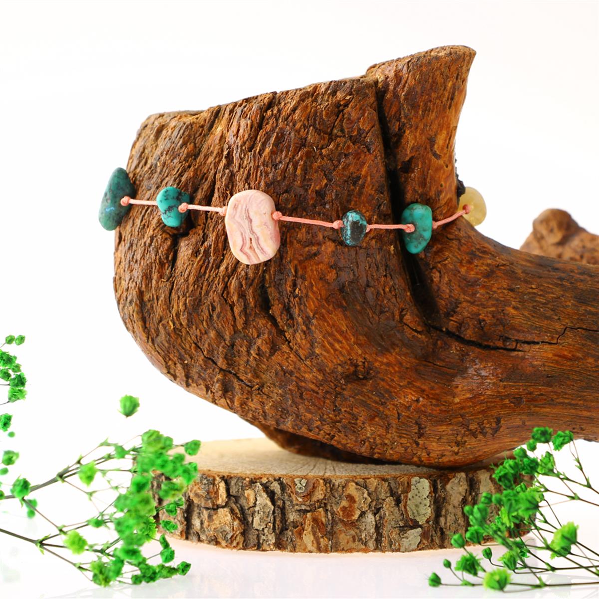 SERTİFİKALI Sitrin, Rodokrozit, Hakiki Turkuaz  Orjinal ( Taşlar) Doğaltaş Halhal 6 mm, B930