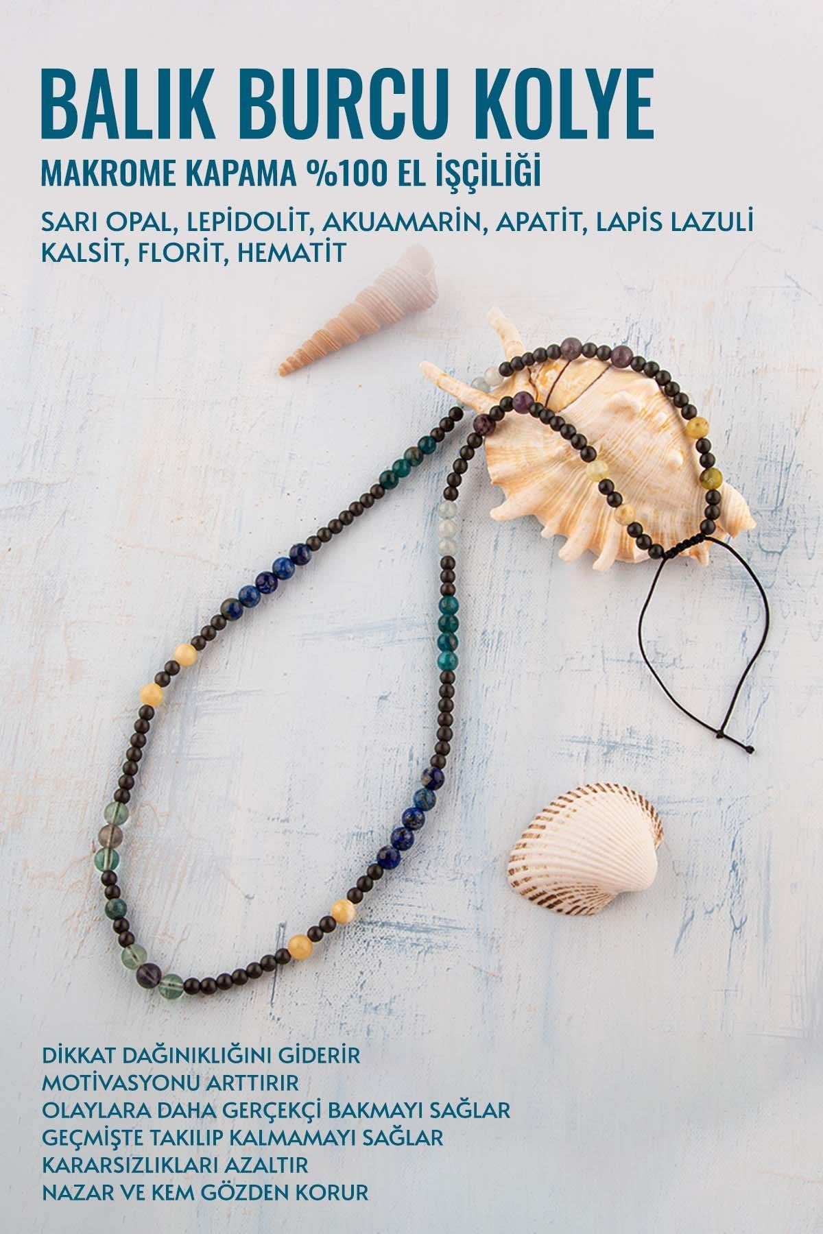 Sertifikalı Balık Burcu Doğal Taş Kolye (Opal-Lepidolit-Akuamarin-Apatit-Lapis-Kalsit-Florit-Hematt)