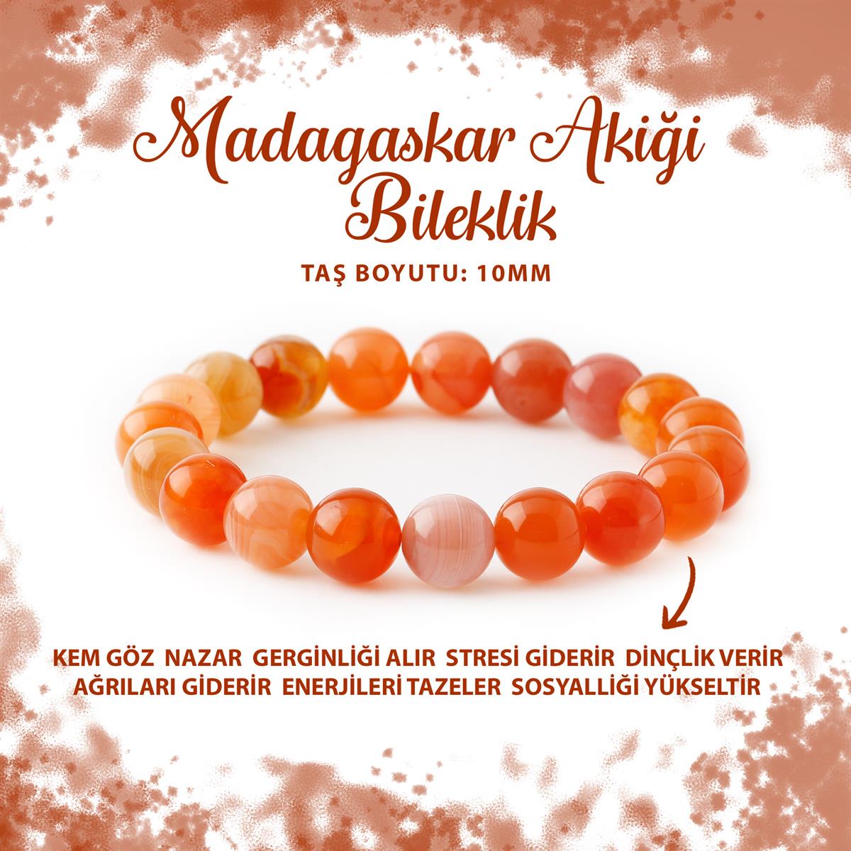 SERTİFİKALI Madagaskar Akiği 10mm Doğal Taş Bileklik