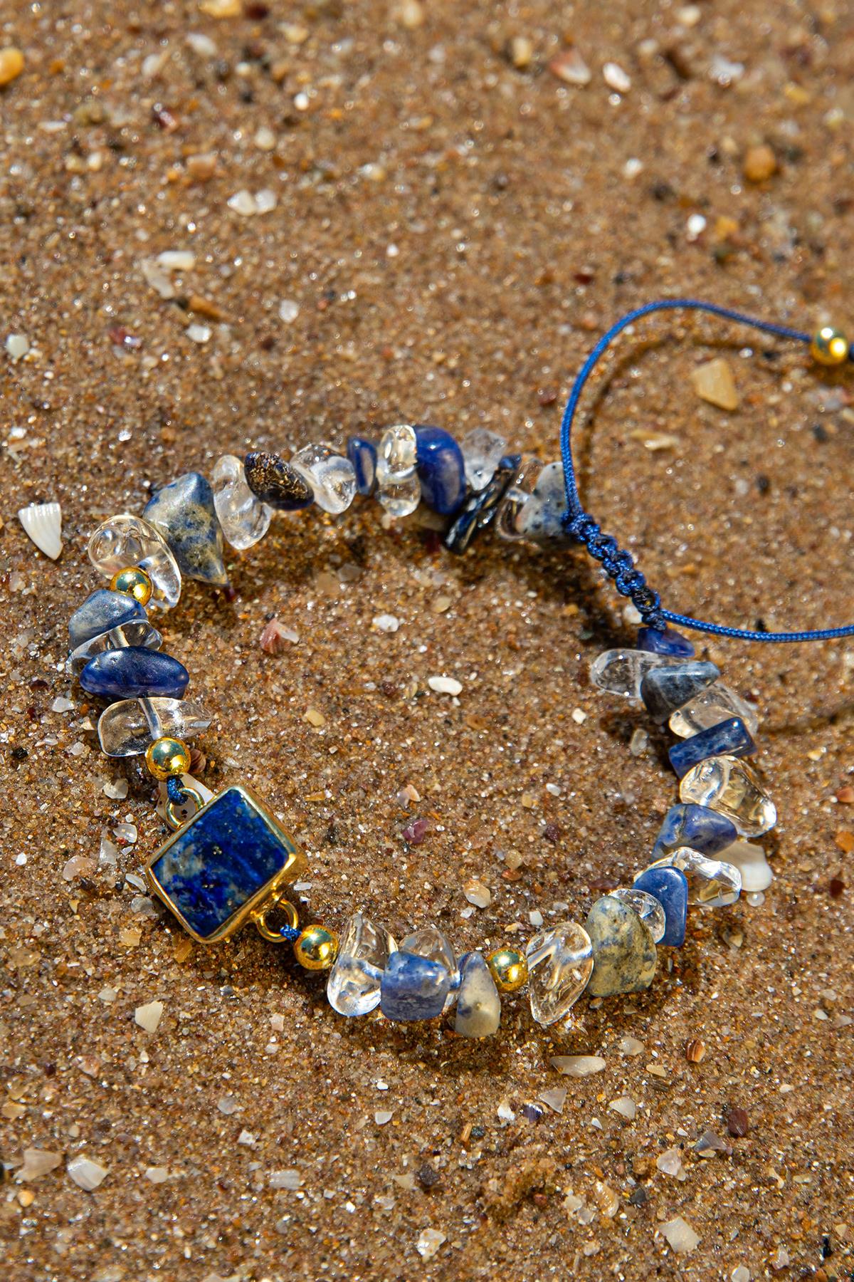 Sertifikalı Doğal Taşlı Rahat Uyku Bilekliği, 925 Ayar Gümüş, Lapis Lazuli, Kristal Kuvars