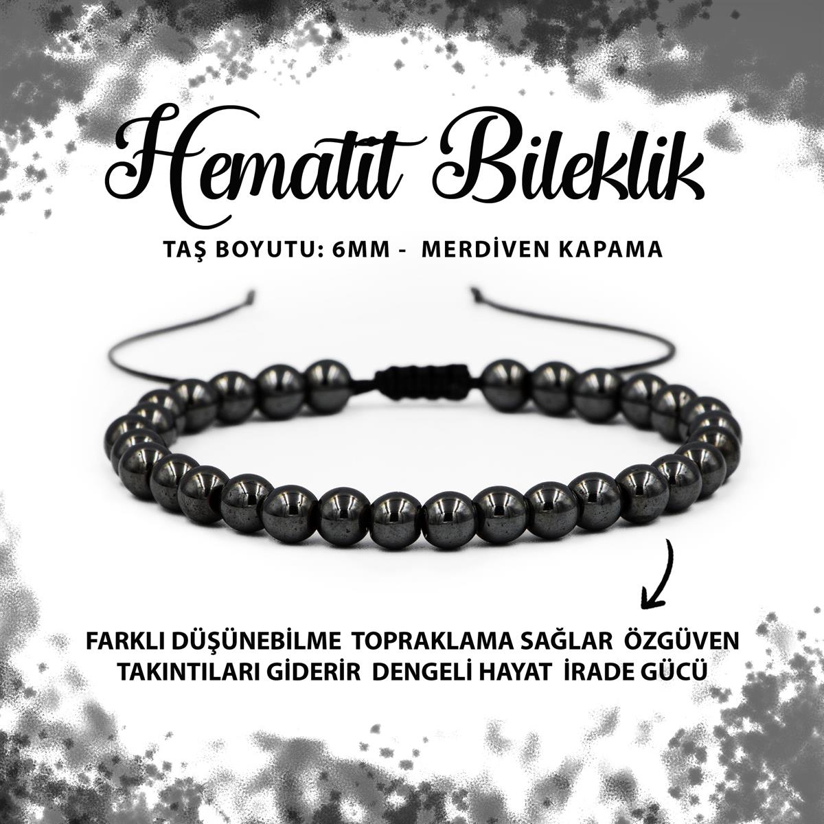 SERTİFİKALI Hematit 6mm Merdiven Kapama Doğal Taş Bileklik
