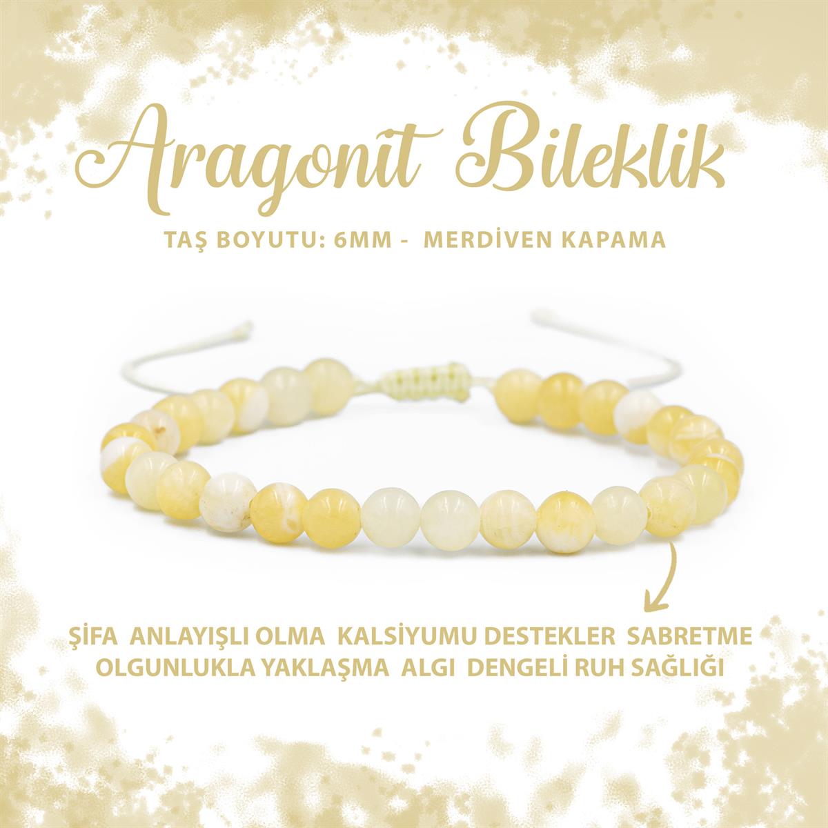 SERTİFİKALI Aragonit 6mm Merdiven Kapama Doğal Taş Bileklik