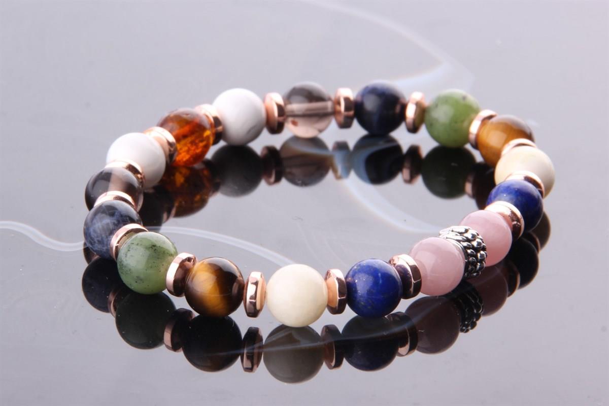 SERTİFİKALI Öğrenci Bilekliği-Kehribar-Yeşim-Lapis-Kalsit-Dumanlı Kuvars-Havlit-Hematit-8 mm B178