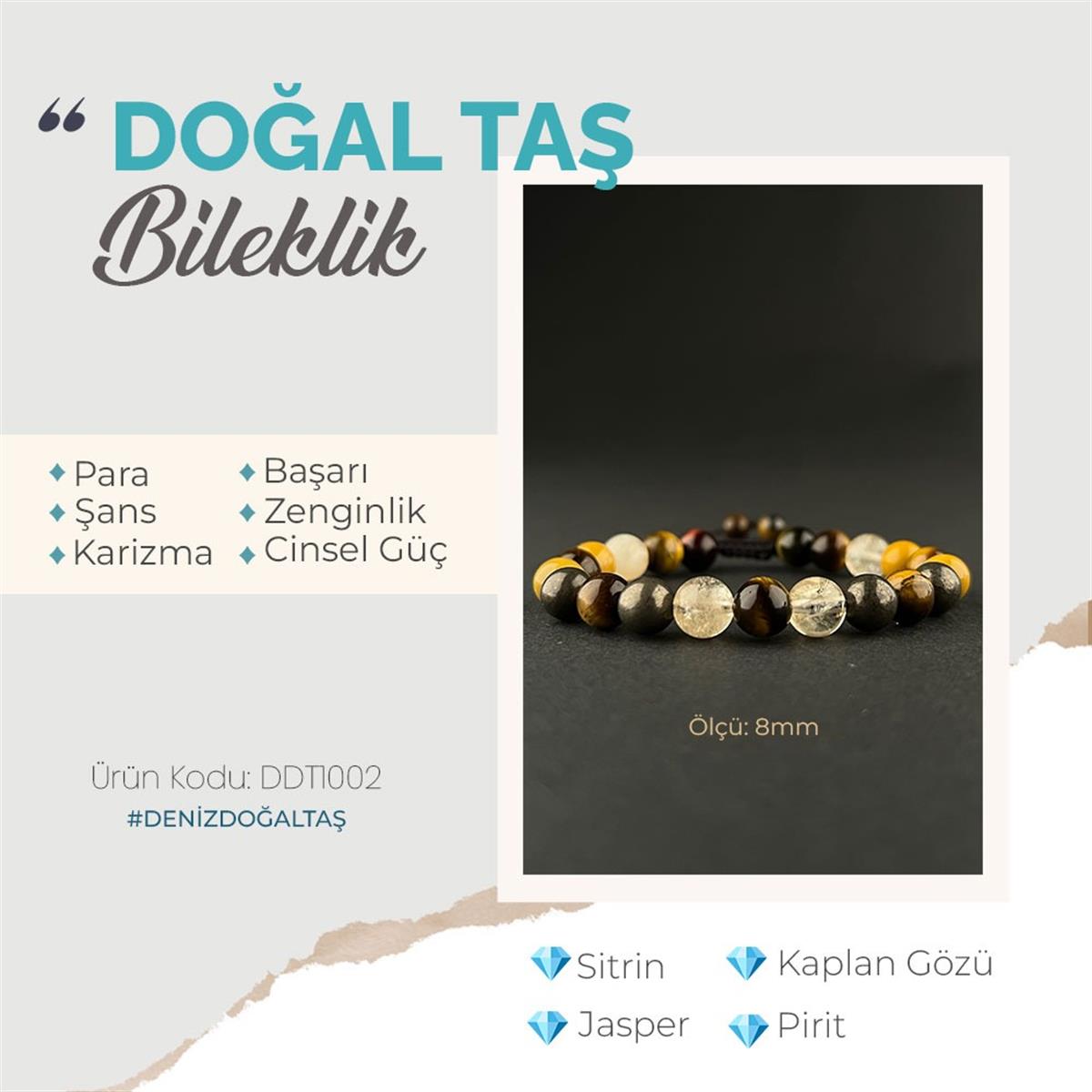 SERTİFİKALI Sitrin, Kaplan Gözü, Jasper, Pirit  Orjinal ( Taşlar) Doğaltaş Bileklik 8 mm