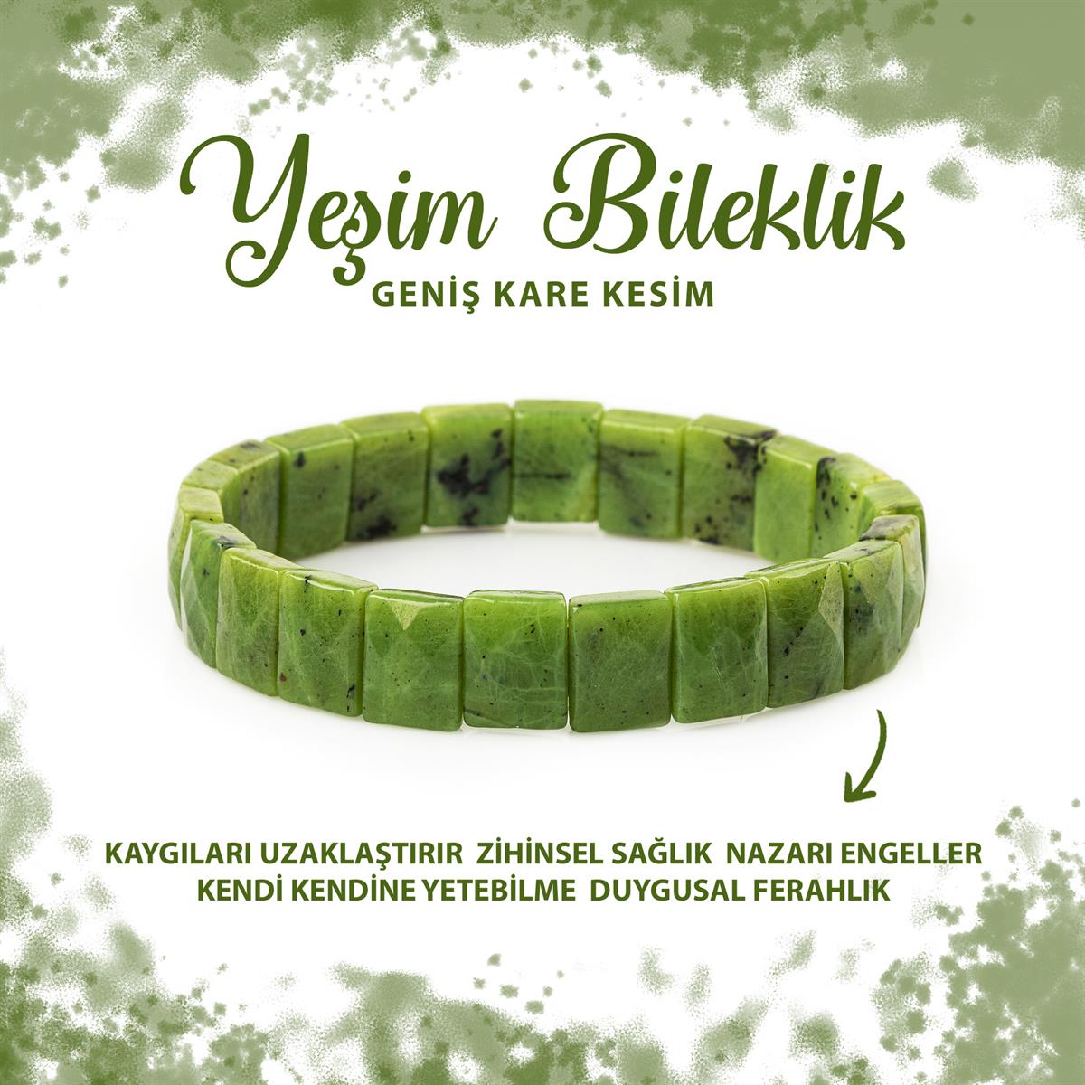 SERTİFİKALI Yeşim Doğal Taş Kare Kesim Geniş Kesim Bileklik