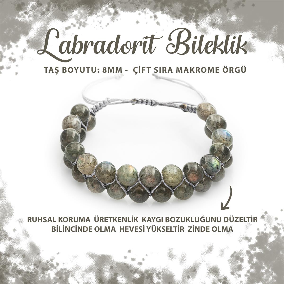 SERTİFİKALI Labradorit 8mm Çift Sıra Makrome Doğal Taş Bileklik