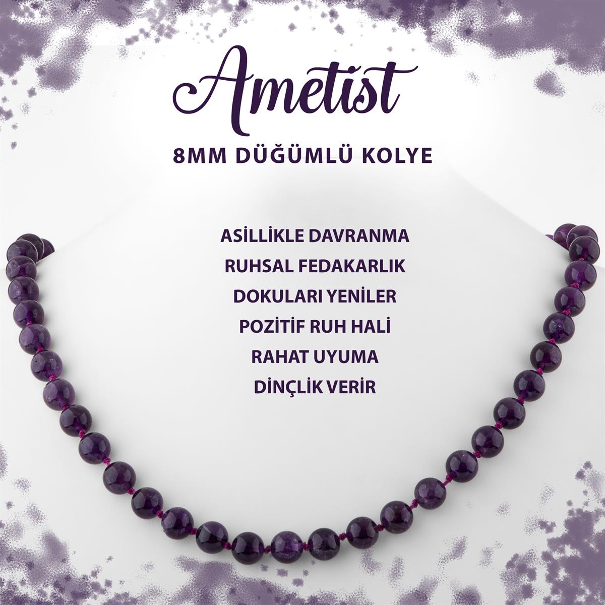 SERTİFİKALI Ametist 8 mm Düğümlü Doğal Taş Kolye
