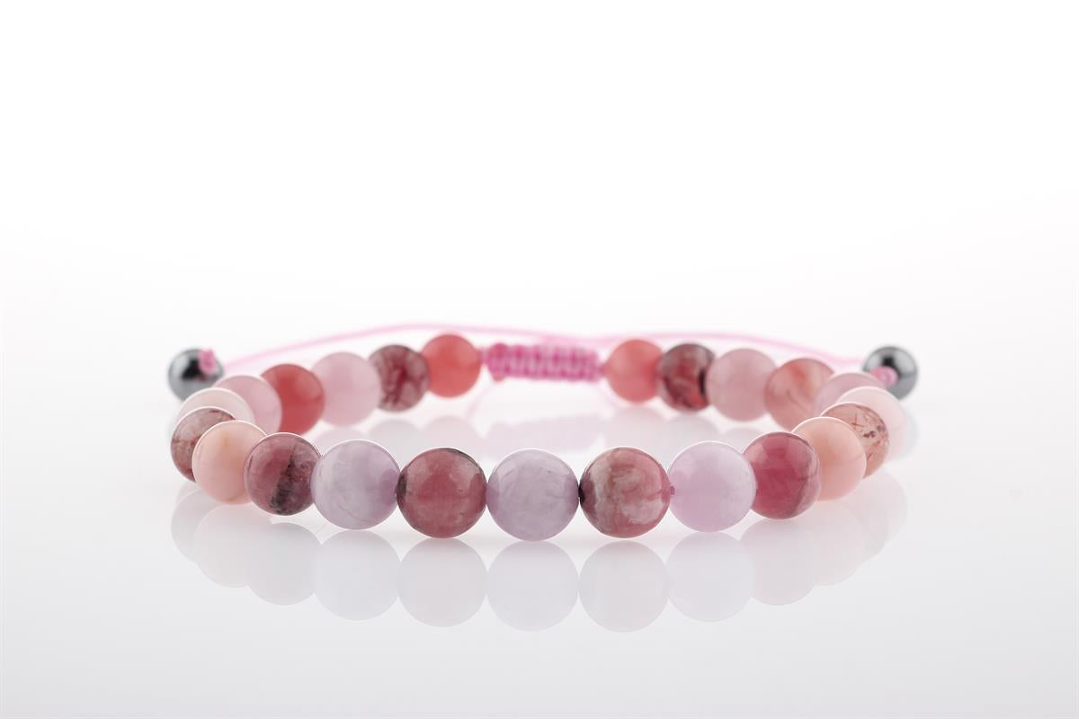 Pembe Kuvars, Pembe Opal, Altın Rutilli Kuvars, Hakiki Yemen Akiği, Rodokrozit, Kunzit Bileklik B905