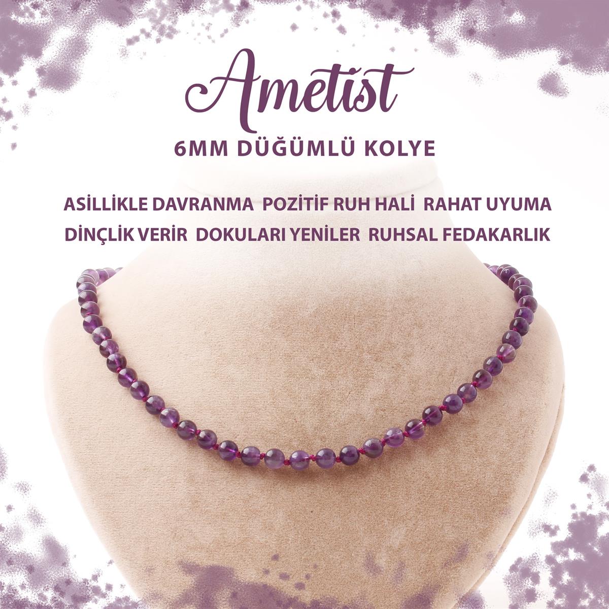 SERTİFİKALI Ametist 6 mm Düğümlü Doğal Taş Kolye
