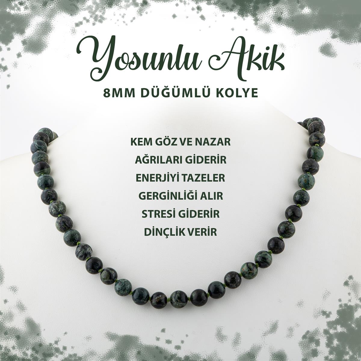 SERTİFİKALI Yosunlu Akik 8 mm Düğümlü Doğal Taş Kolye