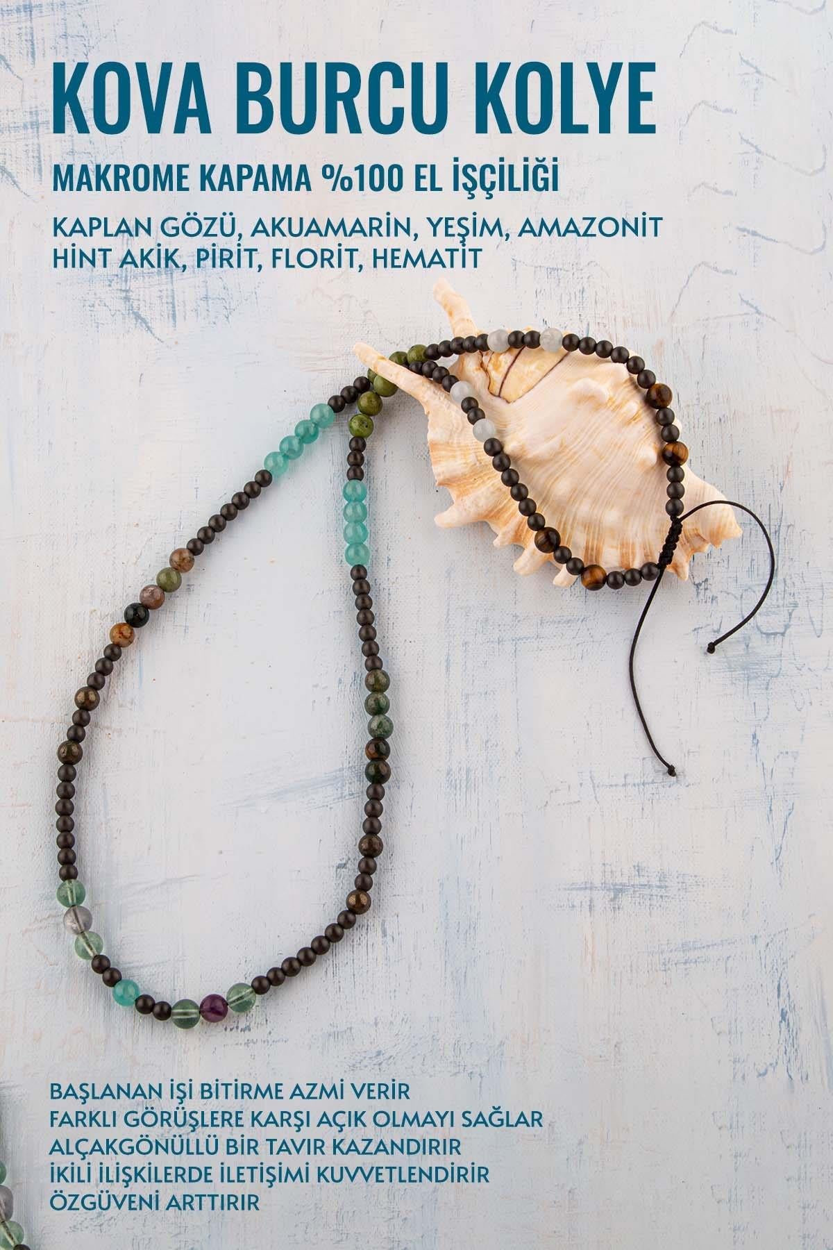 Sertifikalı Kova Burcu Doğal Taş Kolye (Kaplan Gözü-Akuamarin-Yeşim-Amazonit-Pirit-Florit-Hematit)