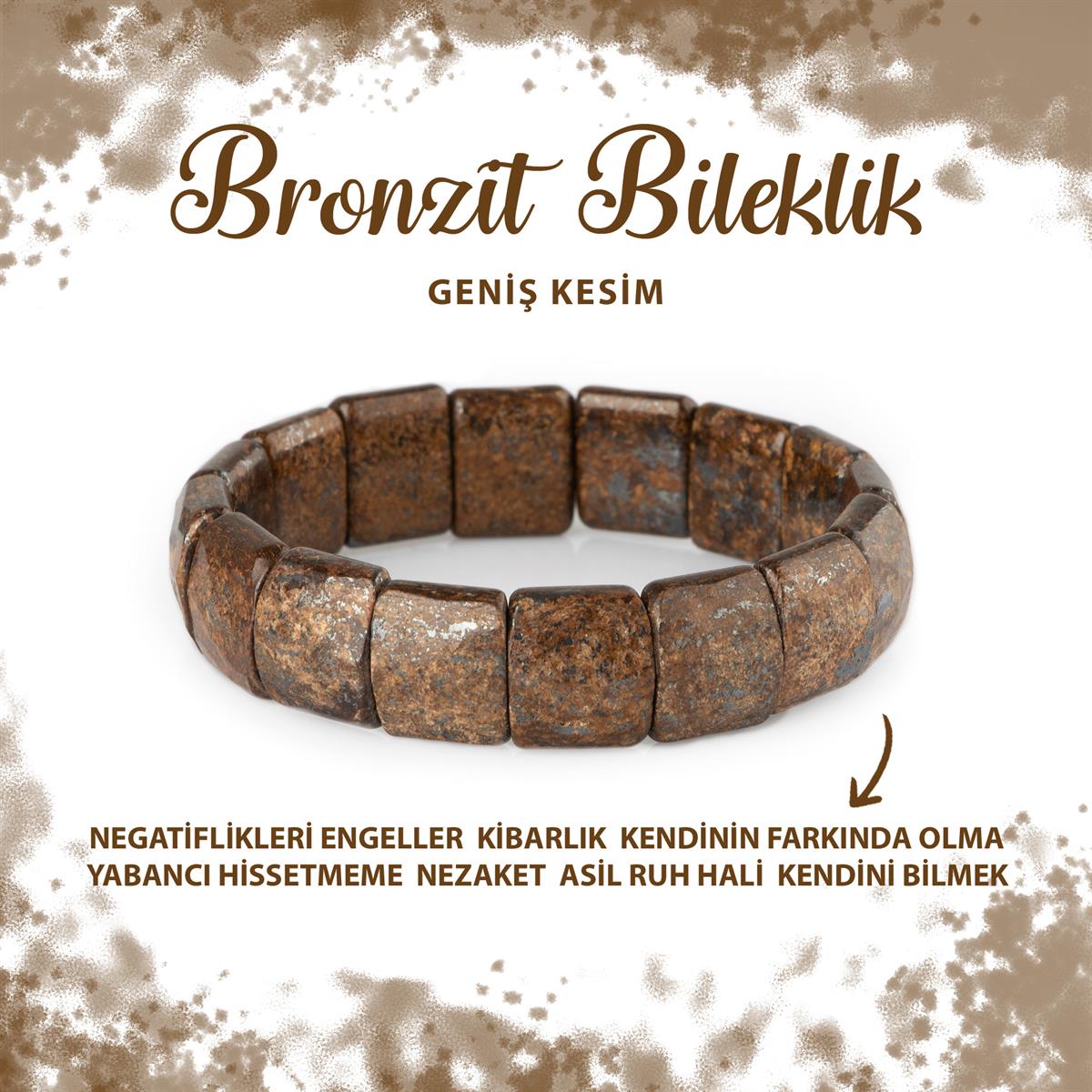 SERTİFİKALI Bronzit Doğal Taş Balık Sırtı Geniş Kesim Bileklik