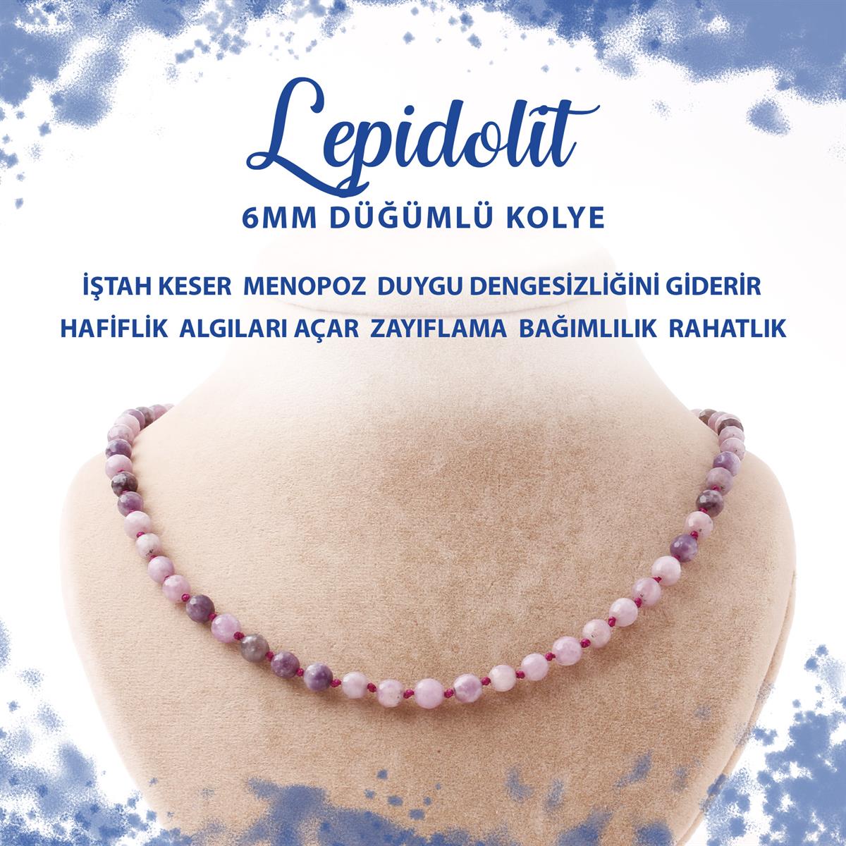 SERTİFİKALI Lepidolit 6 mm Düğümlü Doğal Taş Kolye