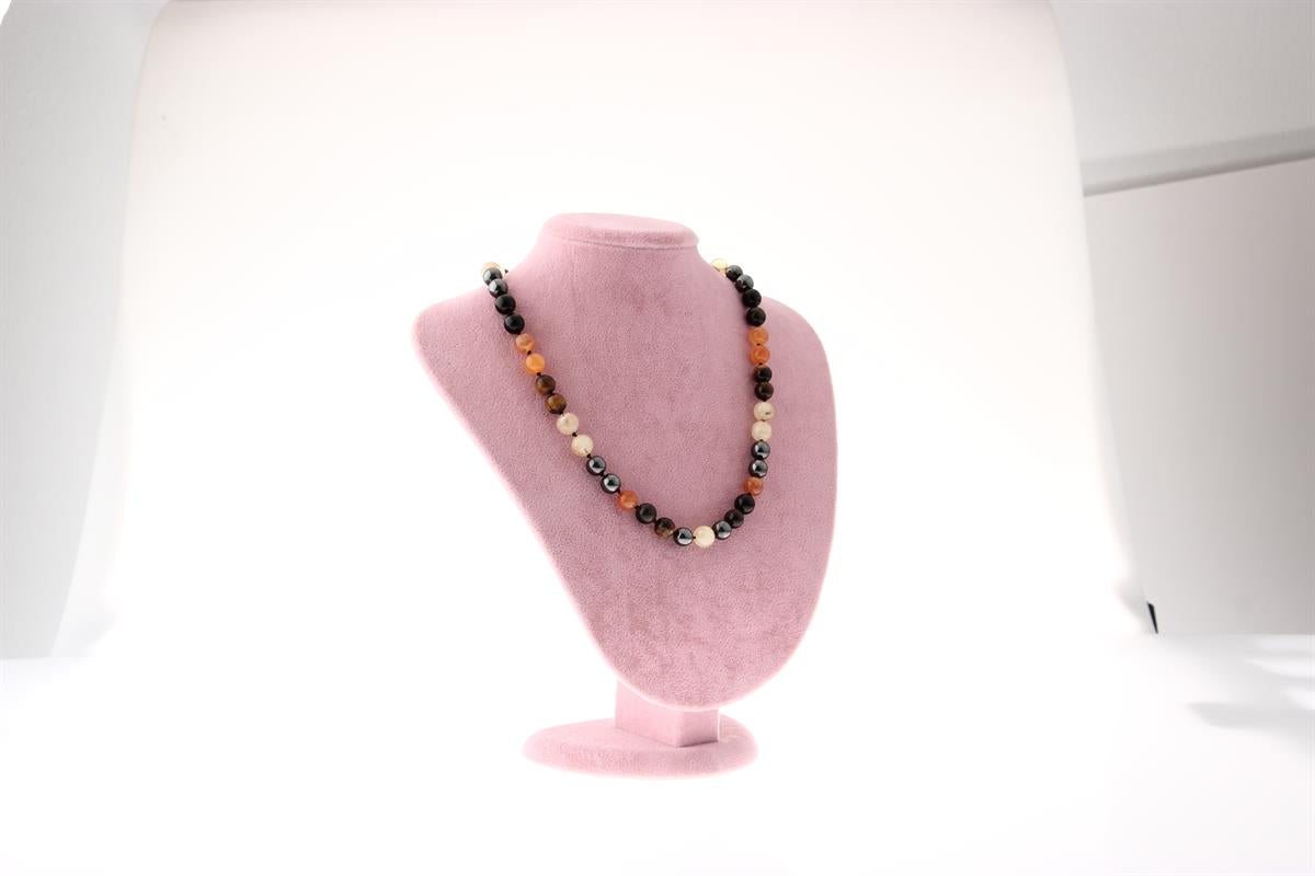 SERTİFİKALI Karnelyan Turuncu Akik, Sitrin, Kaplan Gözü, Obsidyen, Hematit Kolye 8 mm, M453