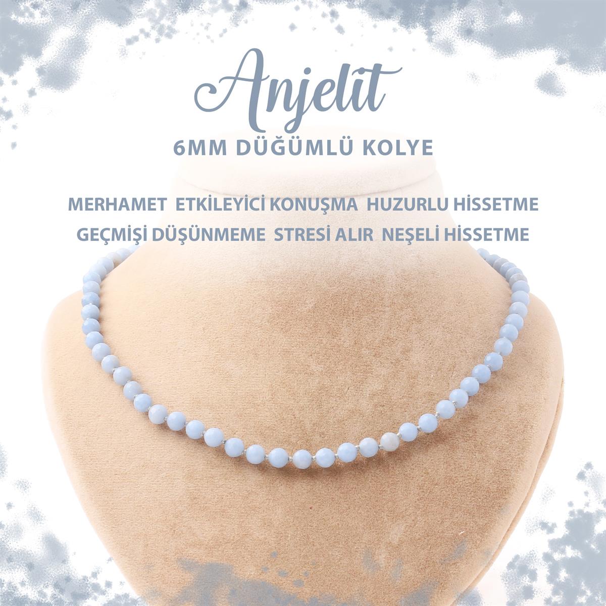 SERTİFİKALI Anjelit 6 mm Düğümlü Doğal Taş Kolye