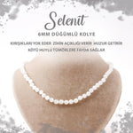 SERTİFİKALI Selenit 6 mm Düğümlü Doğal Taş Kolye