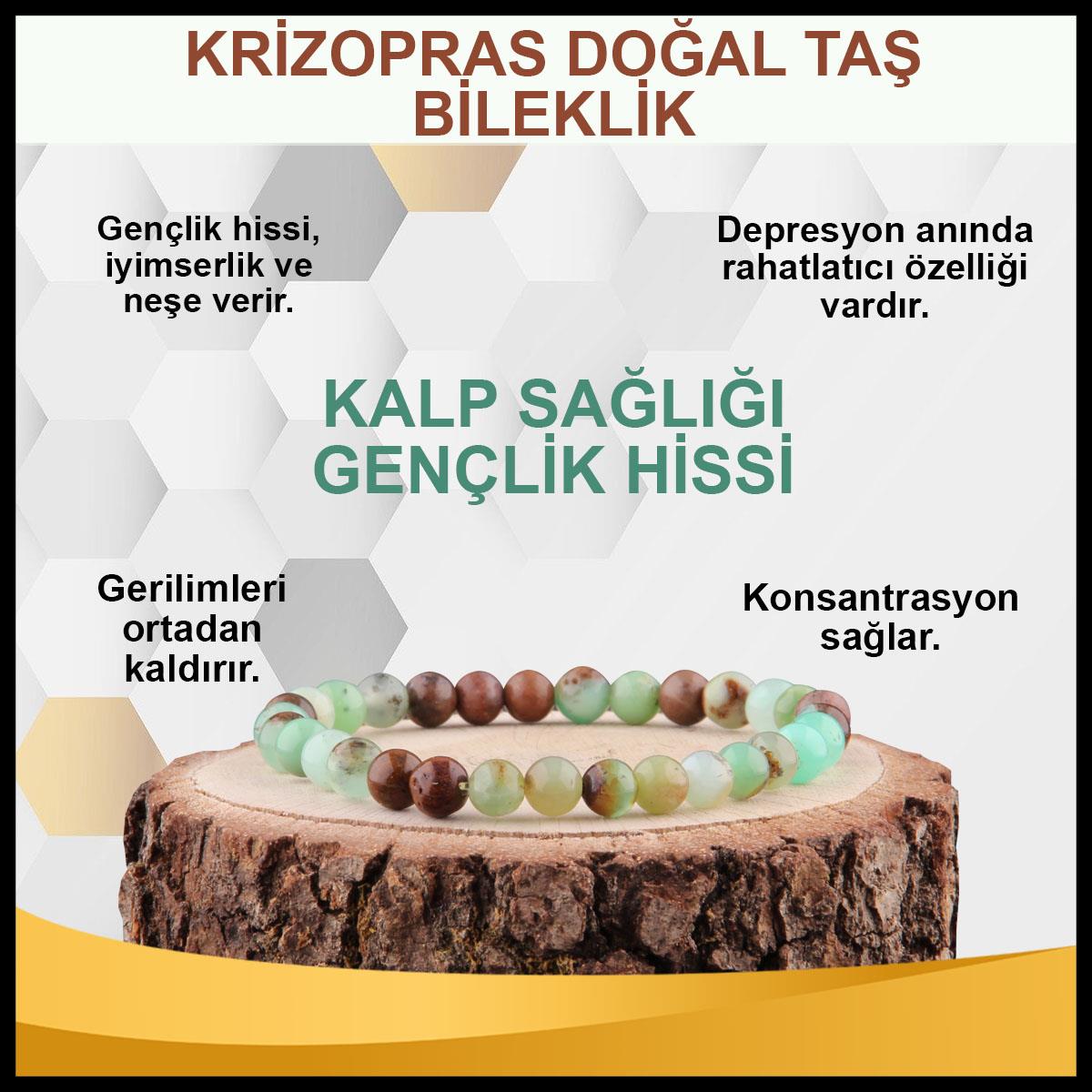 SERTİFİKALI Krizopras  Orjinal ( Taşlar) Doğaltaş Bileklik 6 mm - B831
